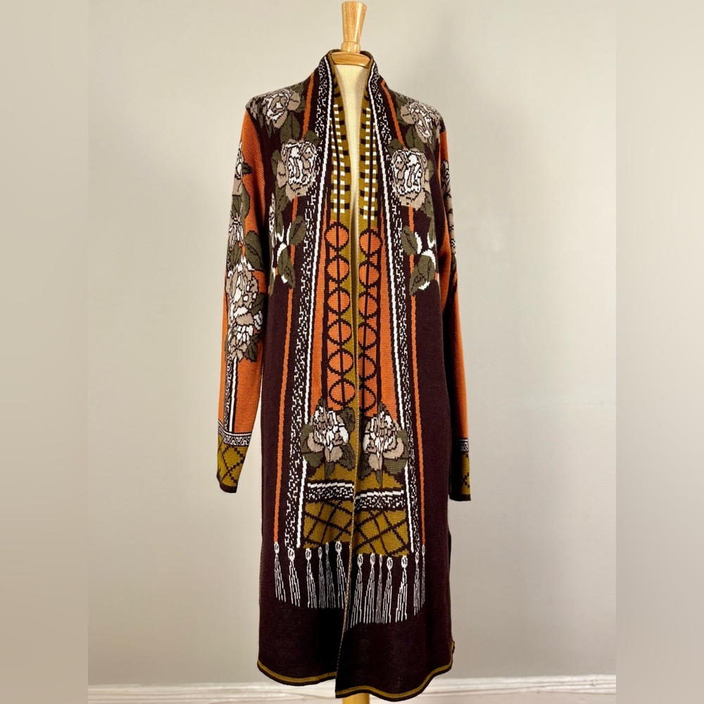 MAXSPORT Boho 70's Inspired Brown & Orange Long Open Front Knit Duster Cardigan